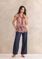 Red Floral Print Spread Collar Short Sleeves Button Down Shirt with Cami
