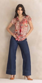 Red Floral Print Spread Collar Short Sleeves Button Down Shirt with Cami