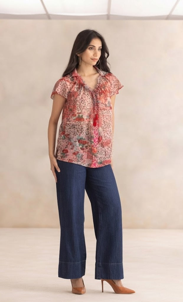Red Floral Print Spread Collar Short Sleeves Button Down Shirt with Cami