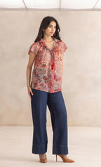 Red Floral Print Spread Collar Short Sleeves Button Down Shirt with Cami