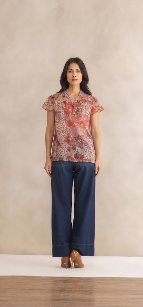 Red Floral Print Spread Collar Short Sleeves Button Down Shirt with Cami