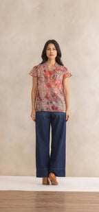 Red Floral Print Spread Collar Short Sleeves Button Down Shirt with Cami