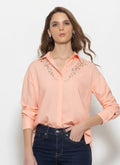 Peach spread collar embroidered full sleeves button down party shirt