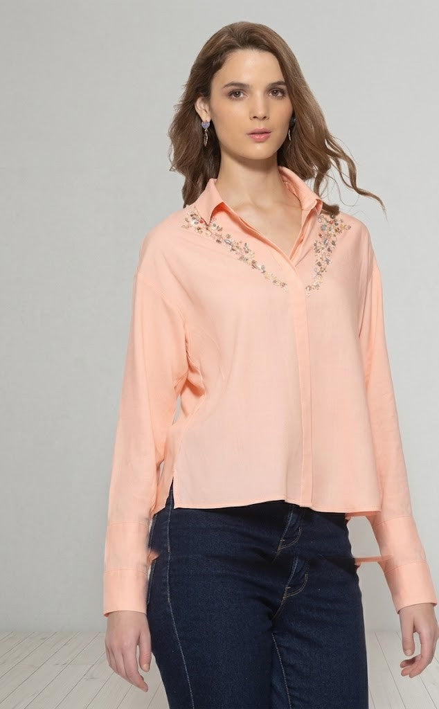Peach spread collar embroidered full sleeves button down party shirt