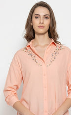 Peach spread collar embroidered full sleeves button down party shirt