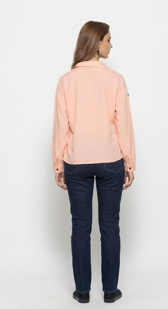 Peach spread collar embroidered full sleeves button down party shirt