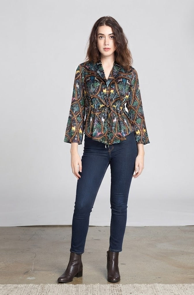 Black floral print button-down drawstring shirt