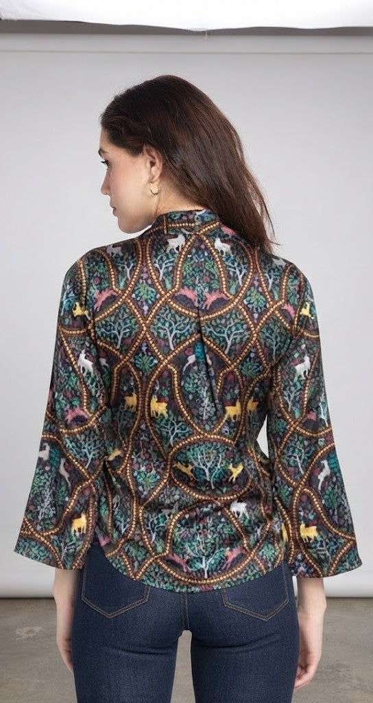 Black floral print button-down drawstring shirt