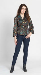 Black floral print button-down drawstring shirt
