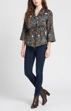 Black floral print button-down drawstring shirt