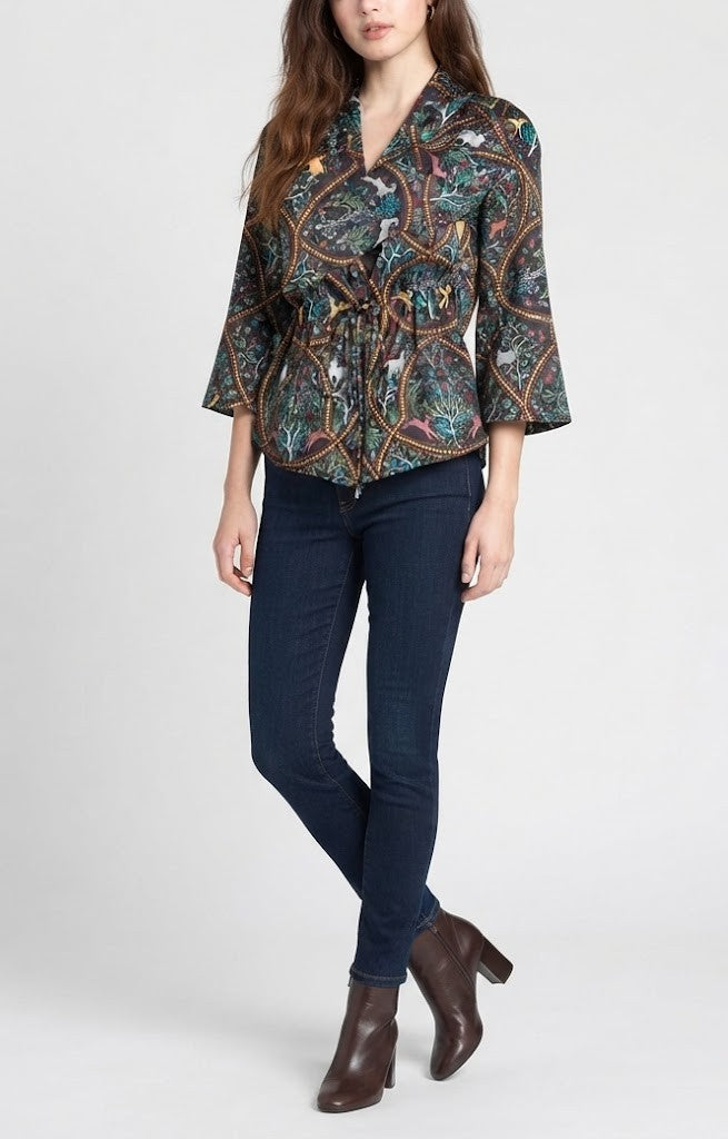 Black floral print button-down drawstring shirt