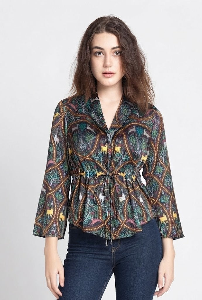 Black floral print button-down drawstring shirt