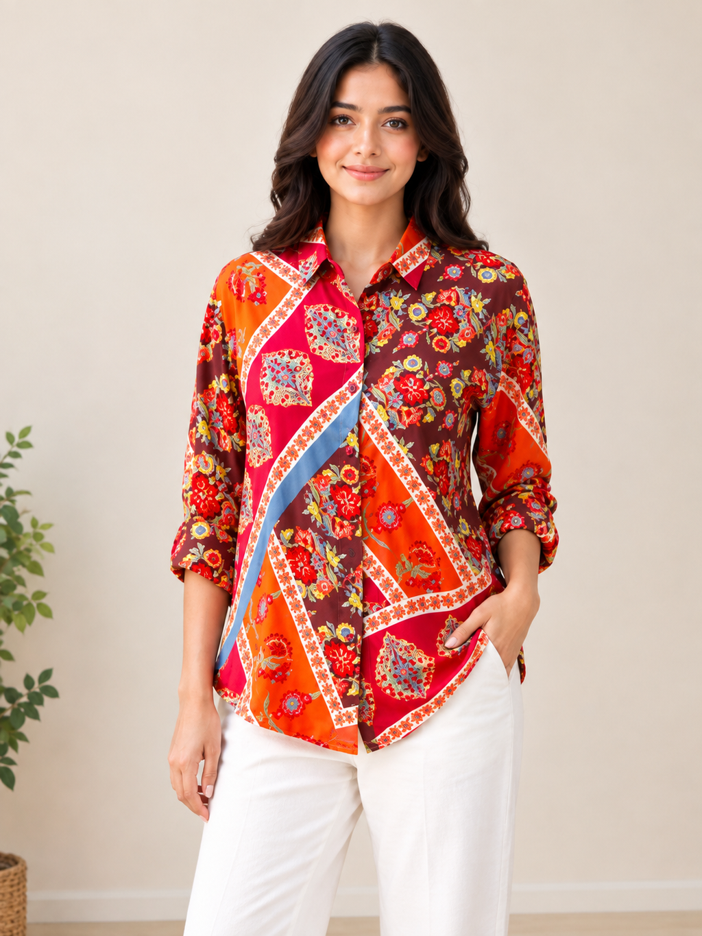 Multicolor Geometric Floral Patchwork Modal Satin Shirt