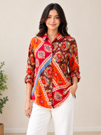 Multicolor Geometric Floral Patchwork Modal Satin Shirt