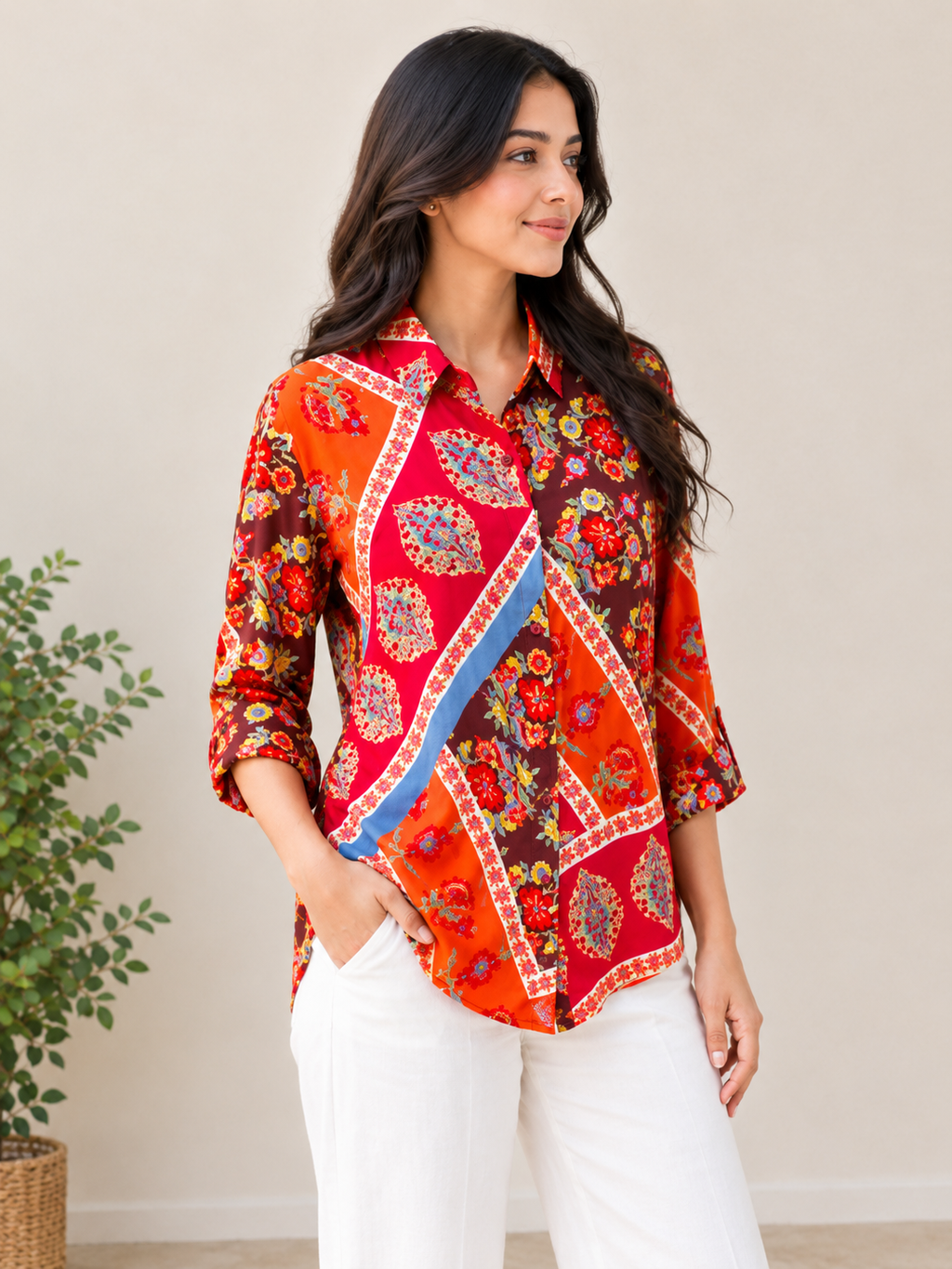 Multicolor Geometric Floral Patchwork Modal Satin Shirt