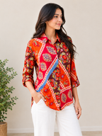 Multicolor Geometric Floral Patchwork Modal Satin Shirt
