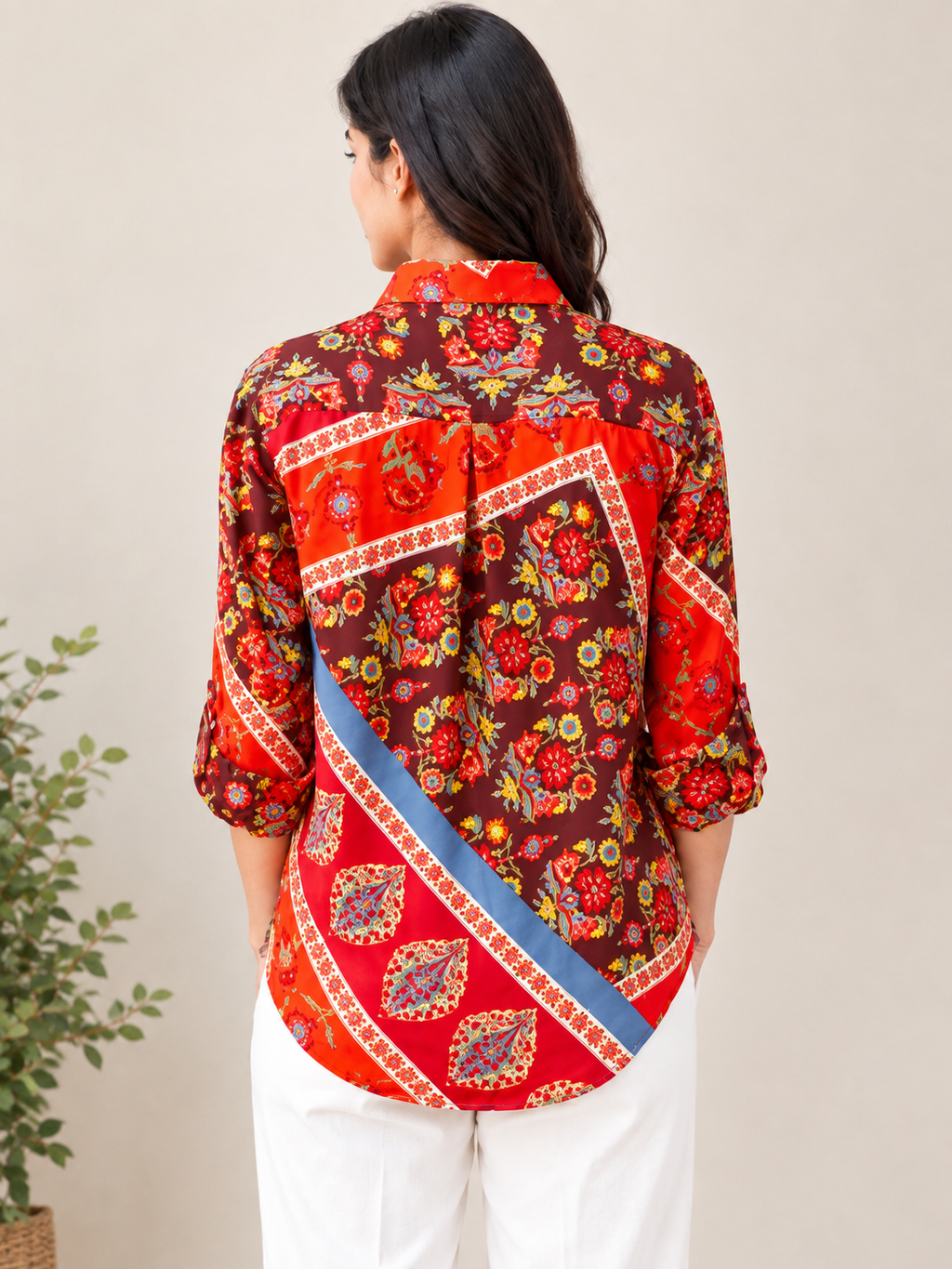 Multicolor Geometric Floral Patchwork Modal Satin Shirt