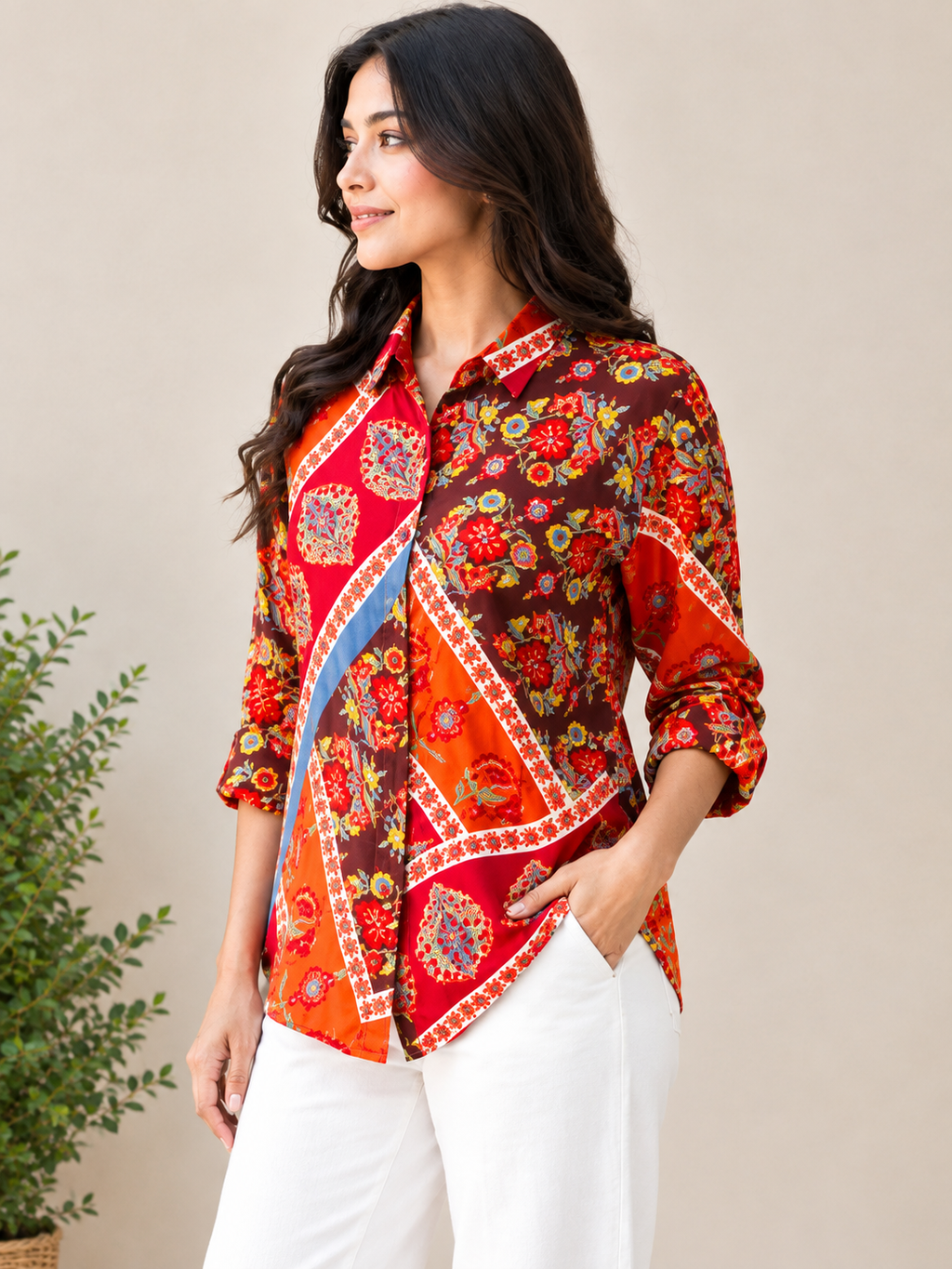 Multicolor Geometric Floral Patchwork Modal Satin Shirt