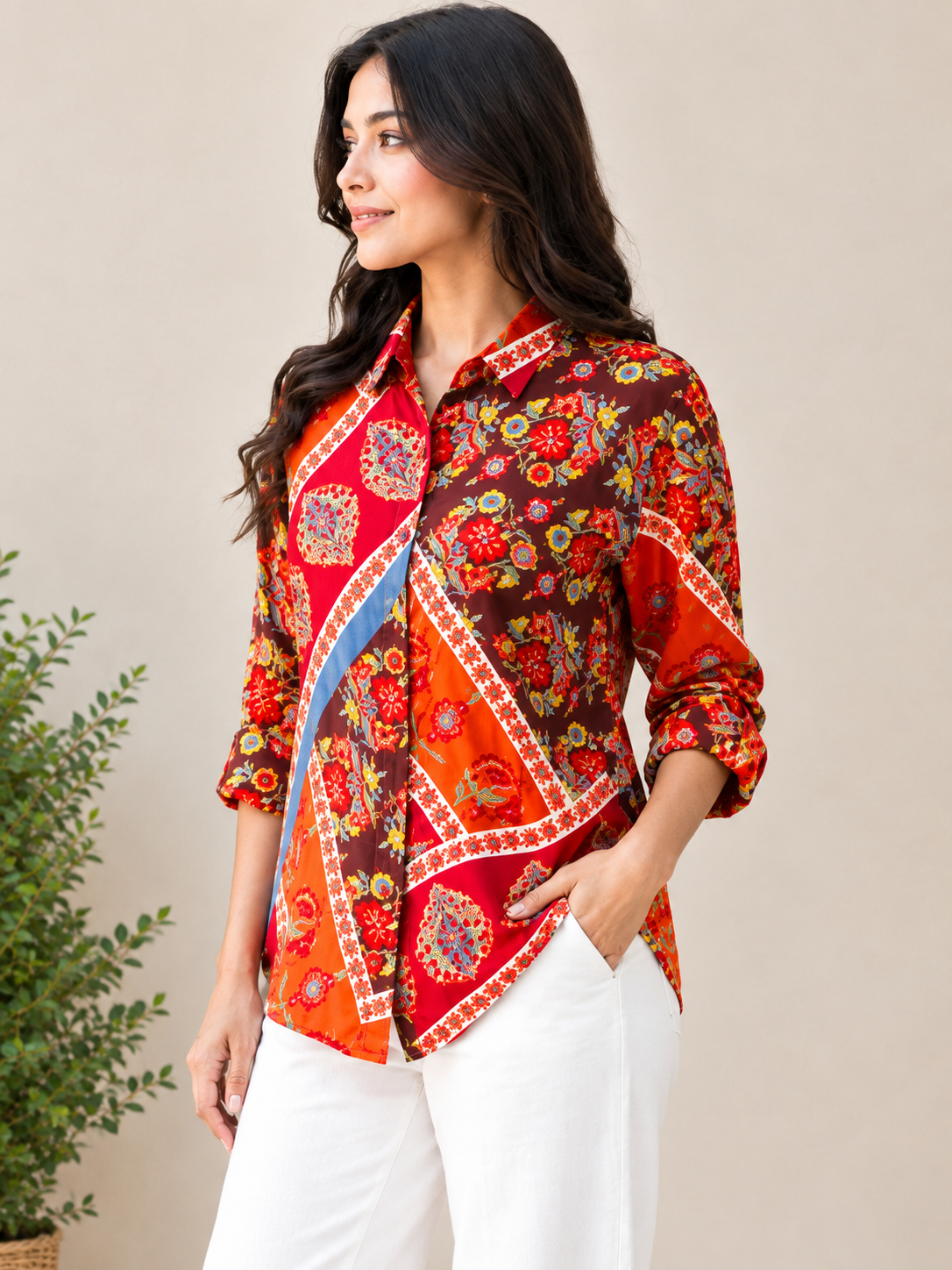 Multicolor Geometric Floral Patchwork Modal Satin Shirt