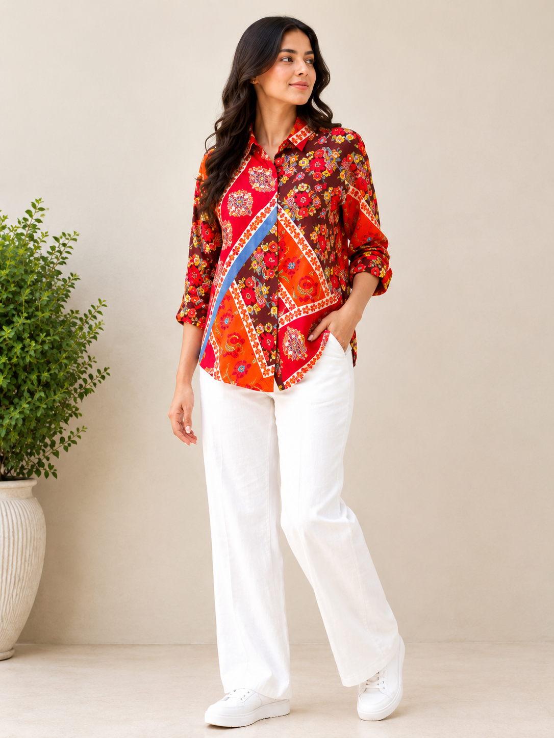 Multicolor Geometric Floral Patchwork Modal Satin Shirt