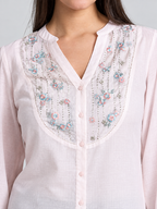 Pink Round Neck Embroidered Full Sleeves Button Down Shirt