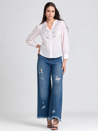 Pink Round Neck Embroidered Full Sleeves Button Down Shirt