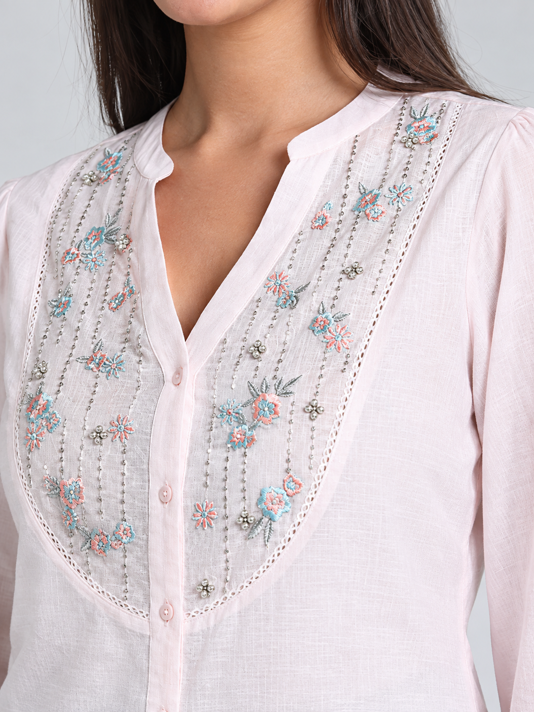 Pink Round Neck Embroidered Full Sleeves Button Down Shirt