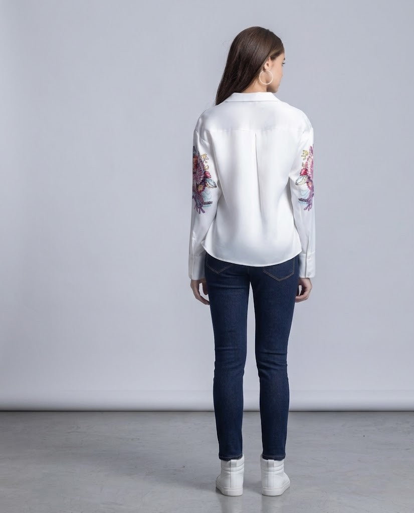 White embellished button down party shirt