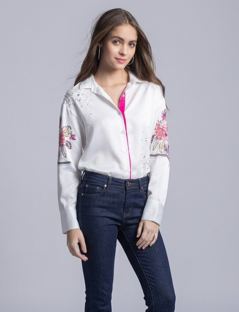 White embellished button down party shirt