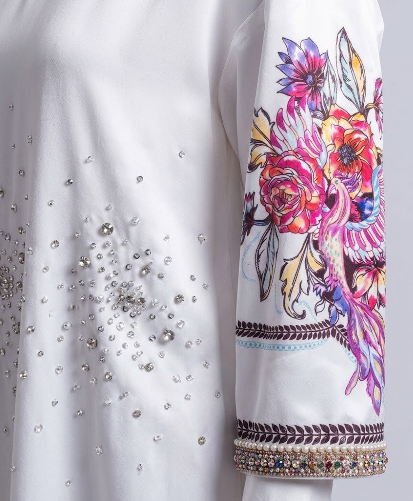 White embellished button down party shirt