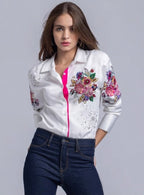 White embellished button down party shirt