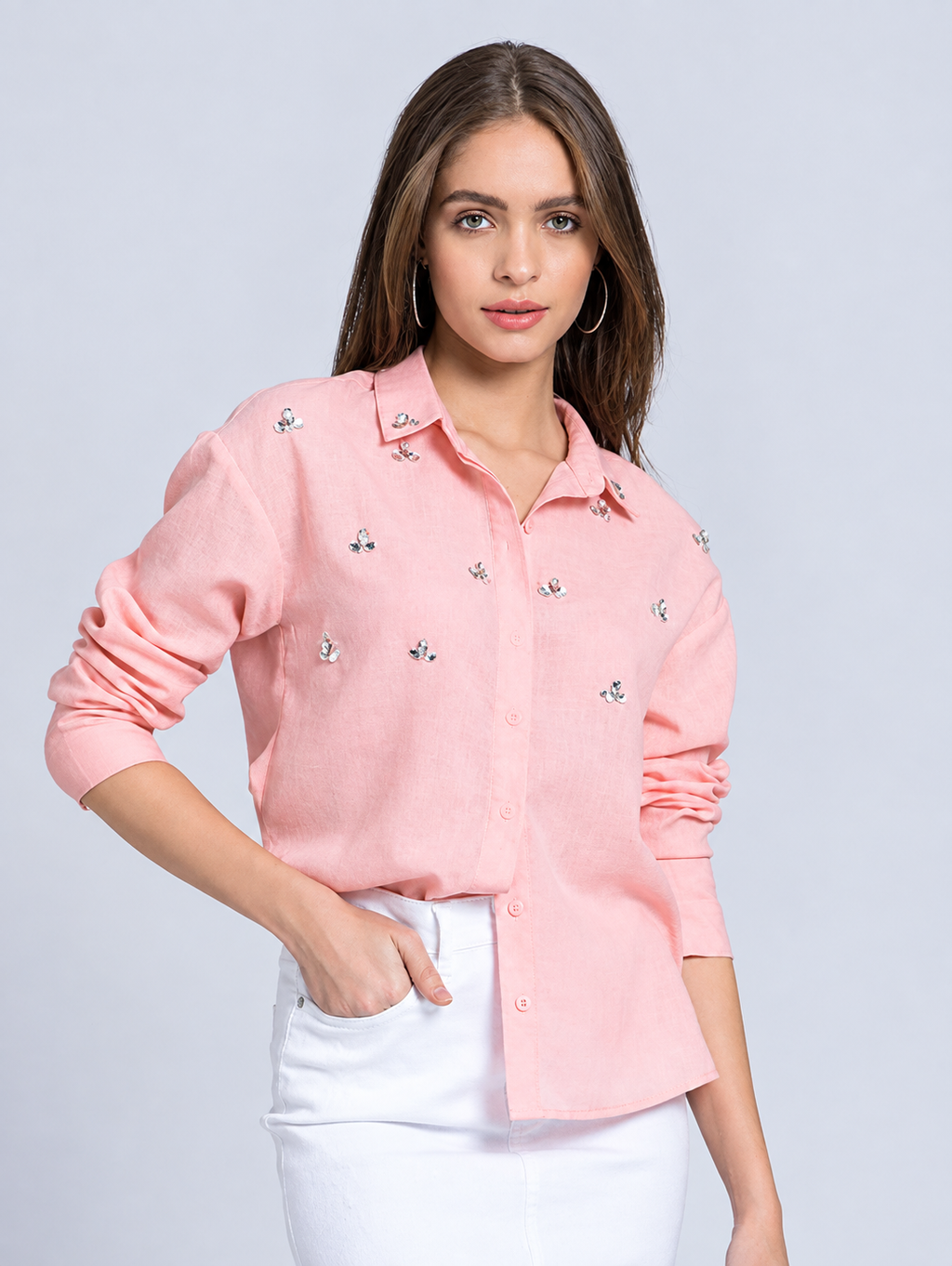 Peach embellished button down party shirt