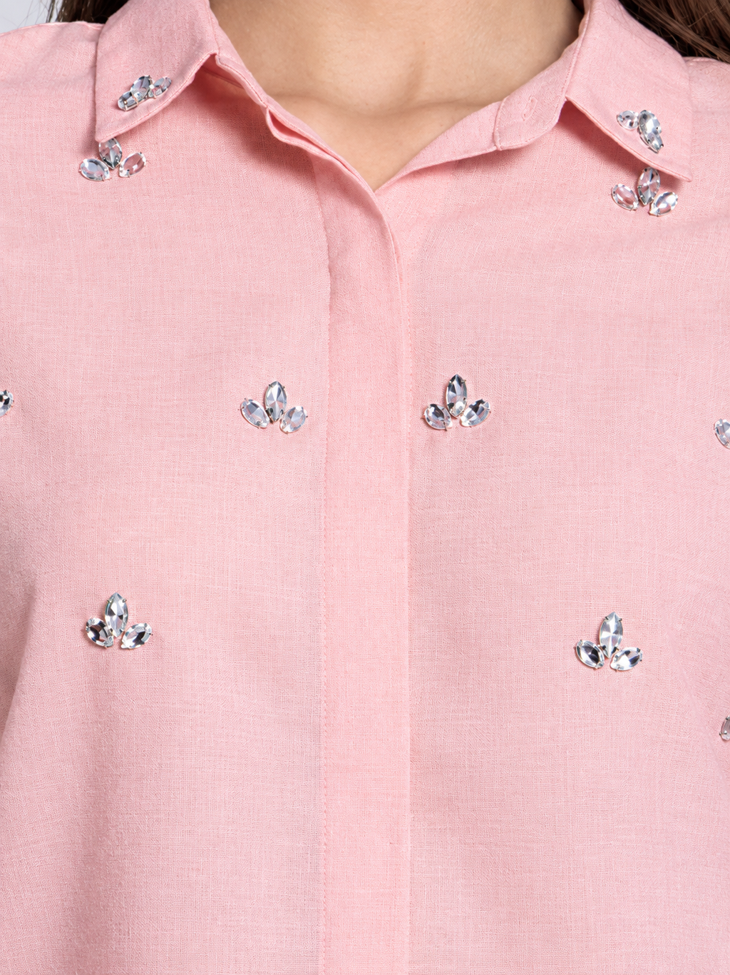 Peach embellished button down party shirt