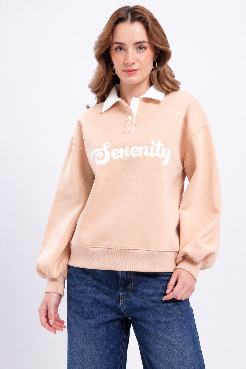 Typography Embroidered Applique Detail Oversized Fleece Sweatshirt