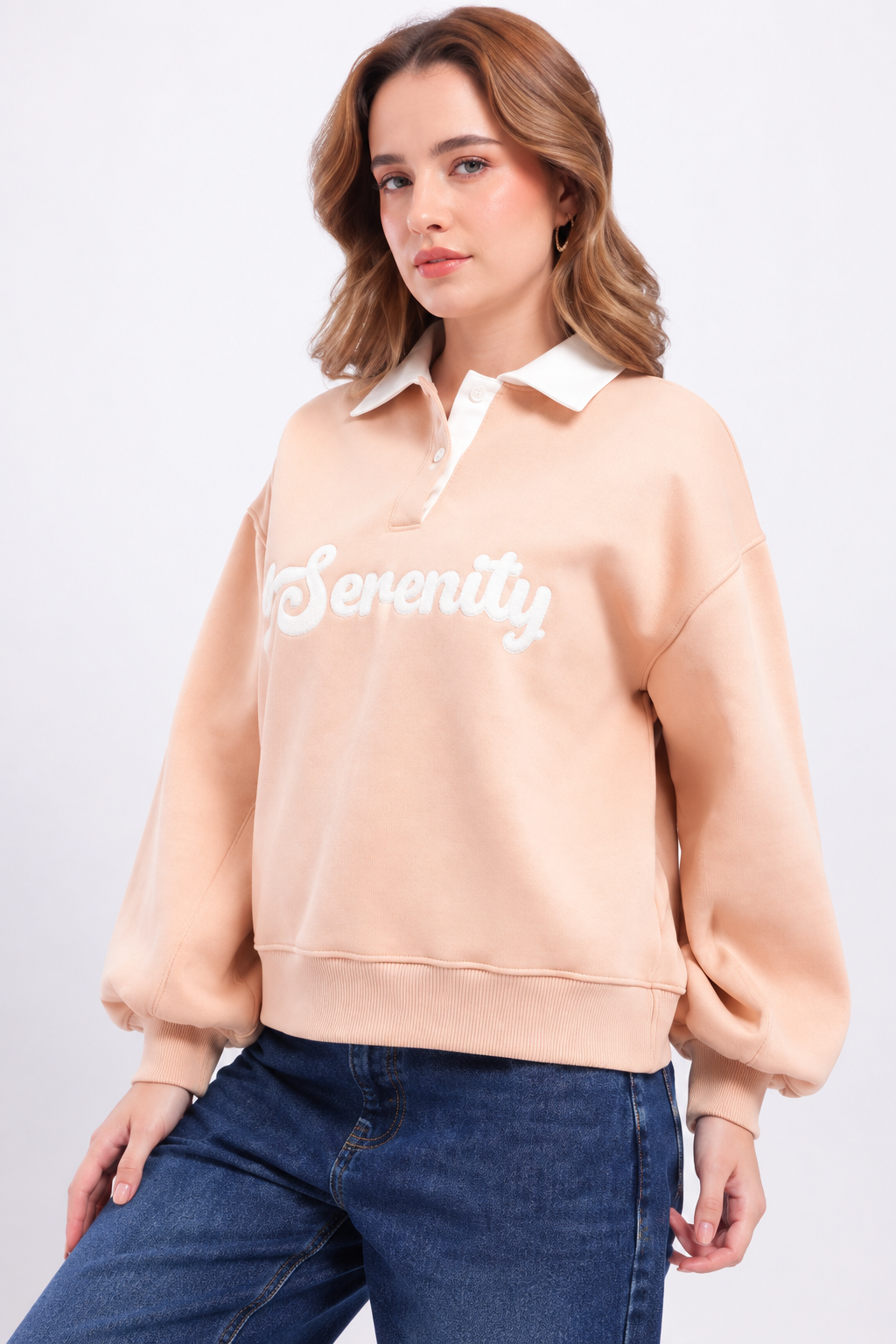 Typography Embroidered Applique Detail Oversized Fleece Sweatshirt