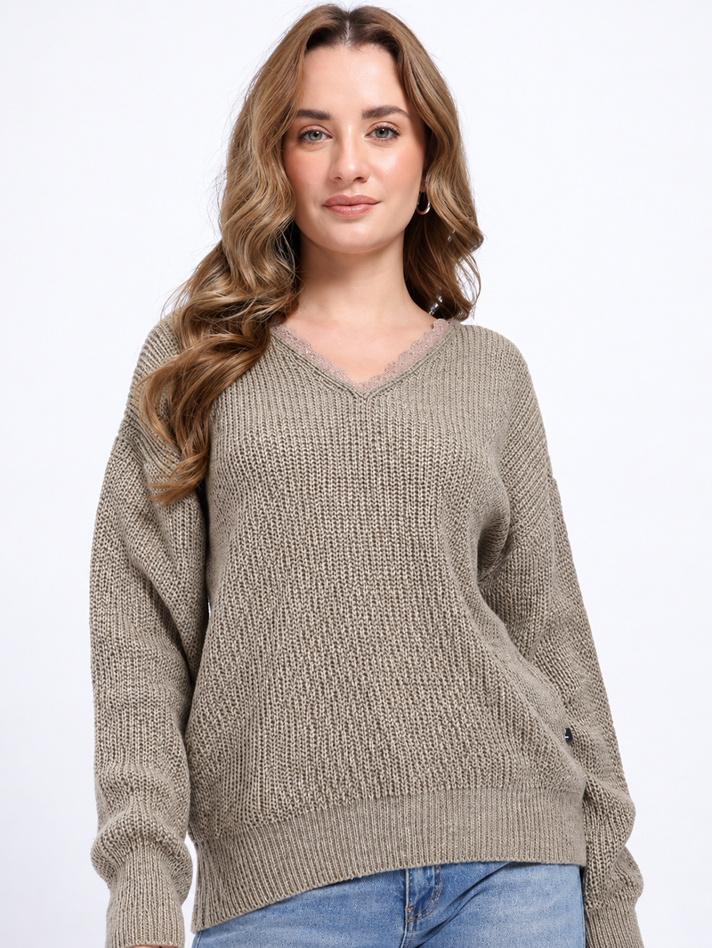 Cable Knit V-Neck Lace Inserts Oversized Pullover