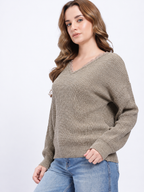Cable Knit V-Neck Lace Inserts Oversized Pullover