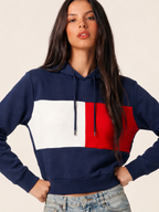 Women Navy Blue & Red Colourblocked Hooded Sweatshirt