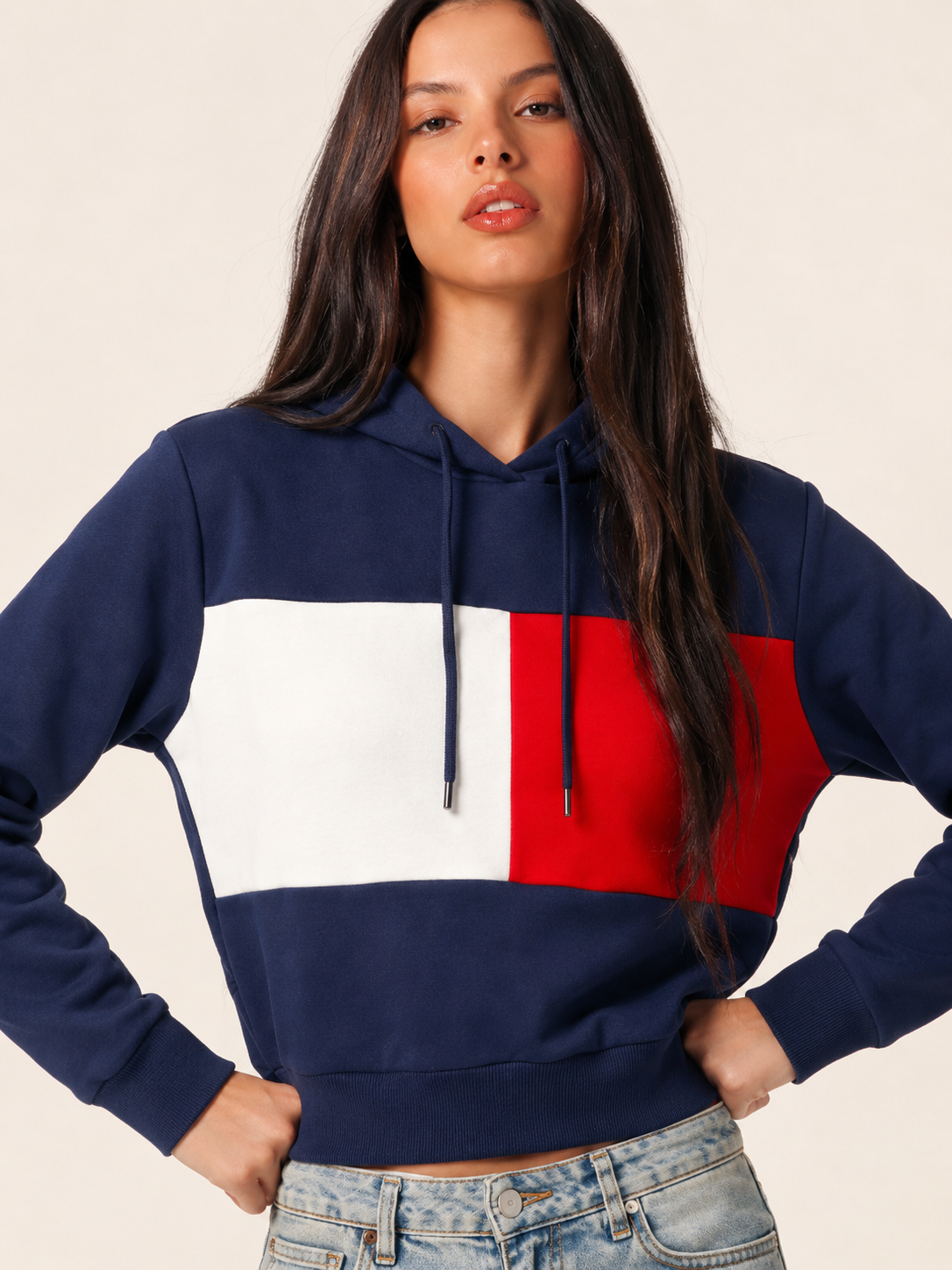 Women Navy Blue & Red Colourblocked Hooded Sweatshirt