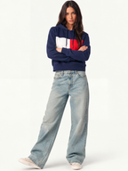 Women Navy Blue & Red Colourblocked Hooded Sweatshirt