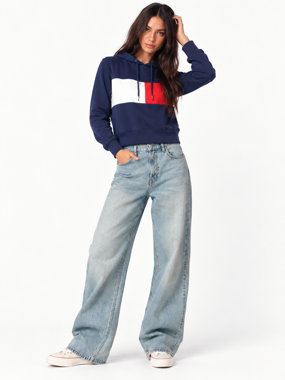 Women Navy Blue & Red Colourblocked Hooded Sweatshirt