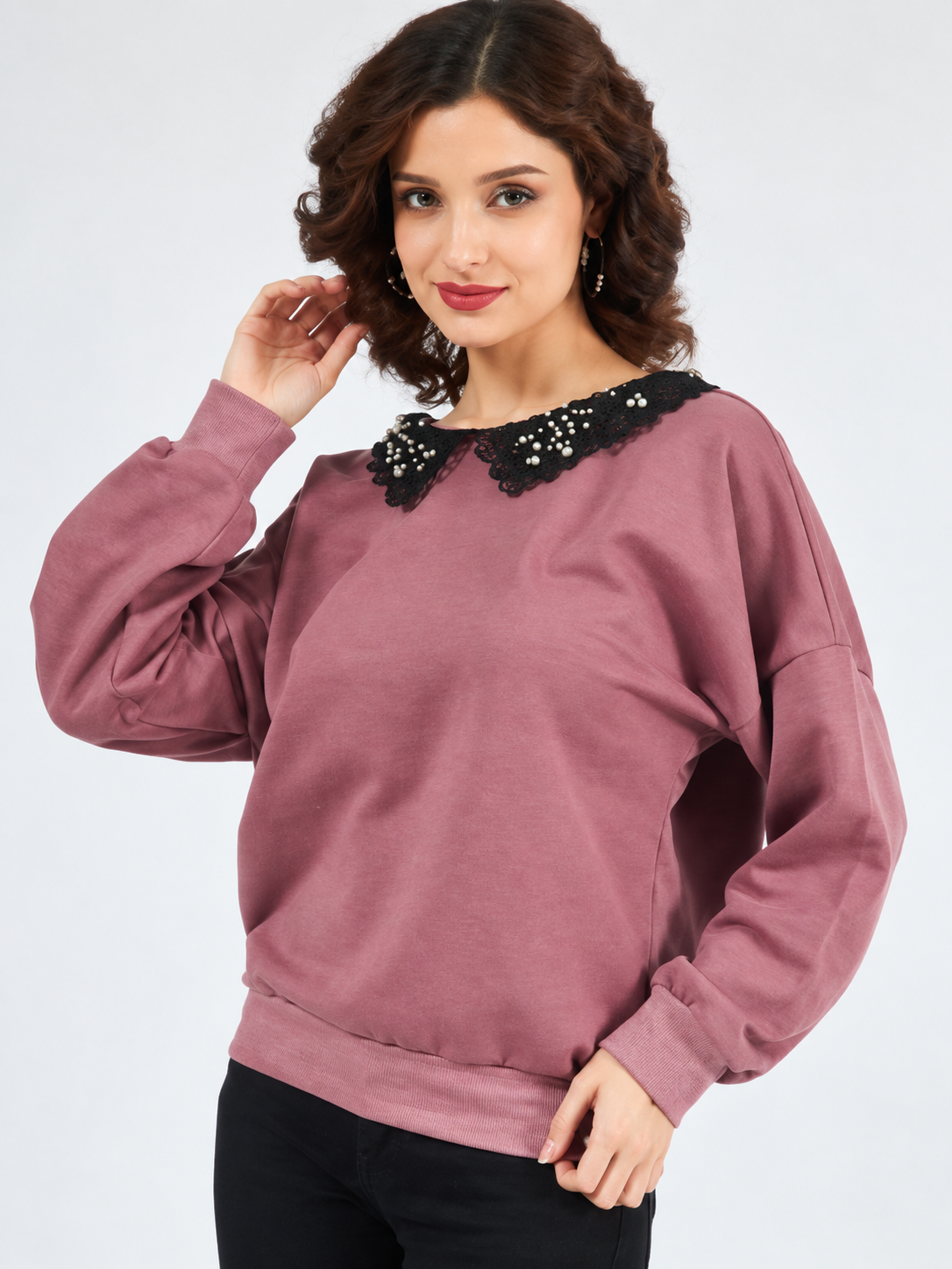 Women Solid Embellished Round Neck Long Sleeve Sweatshirt