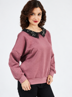 Women Solid Embellished Round Neck Long Sleeve Sweatshirt
