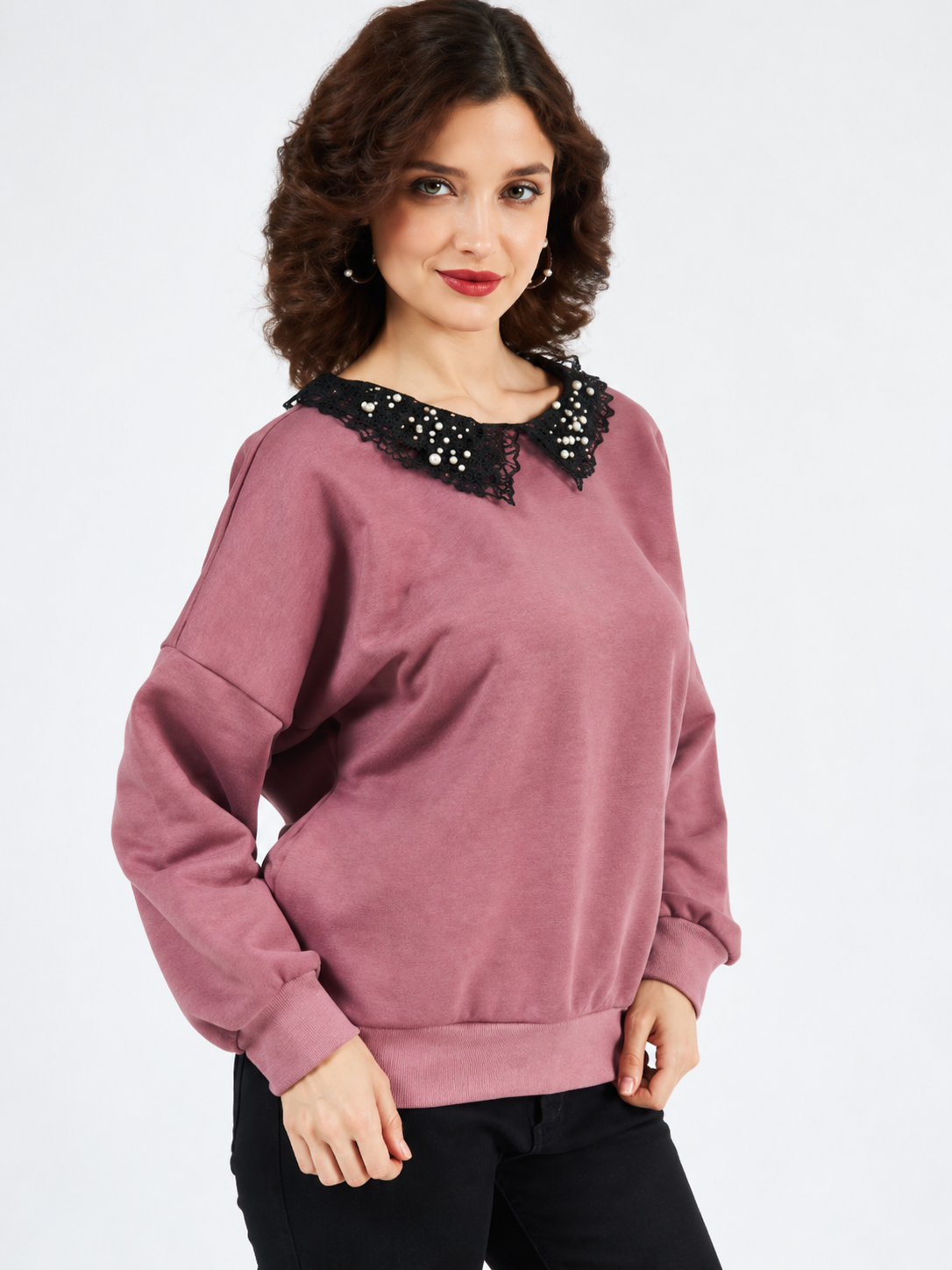 Women Solid Embellished Round Neck Long Sleeve Sweatshirt