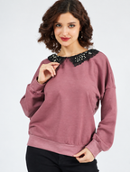 Women Solid Embellished Round Neck Long Sleeve Sweatshirt