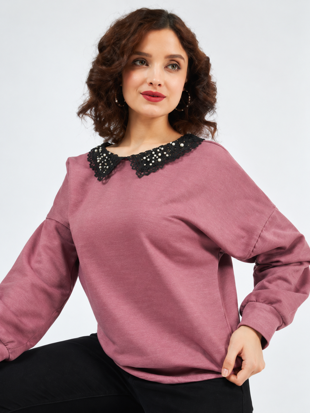 Women Solid Embellished Round Neck Long Sleeve Sweatshirt
