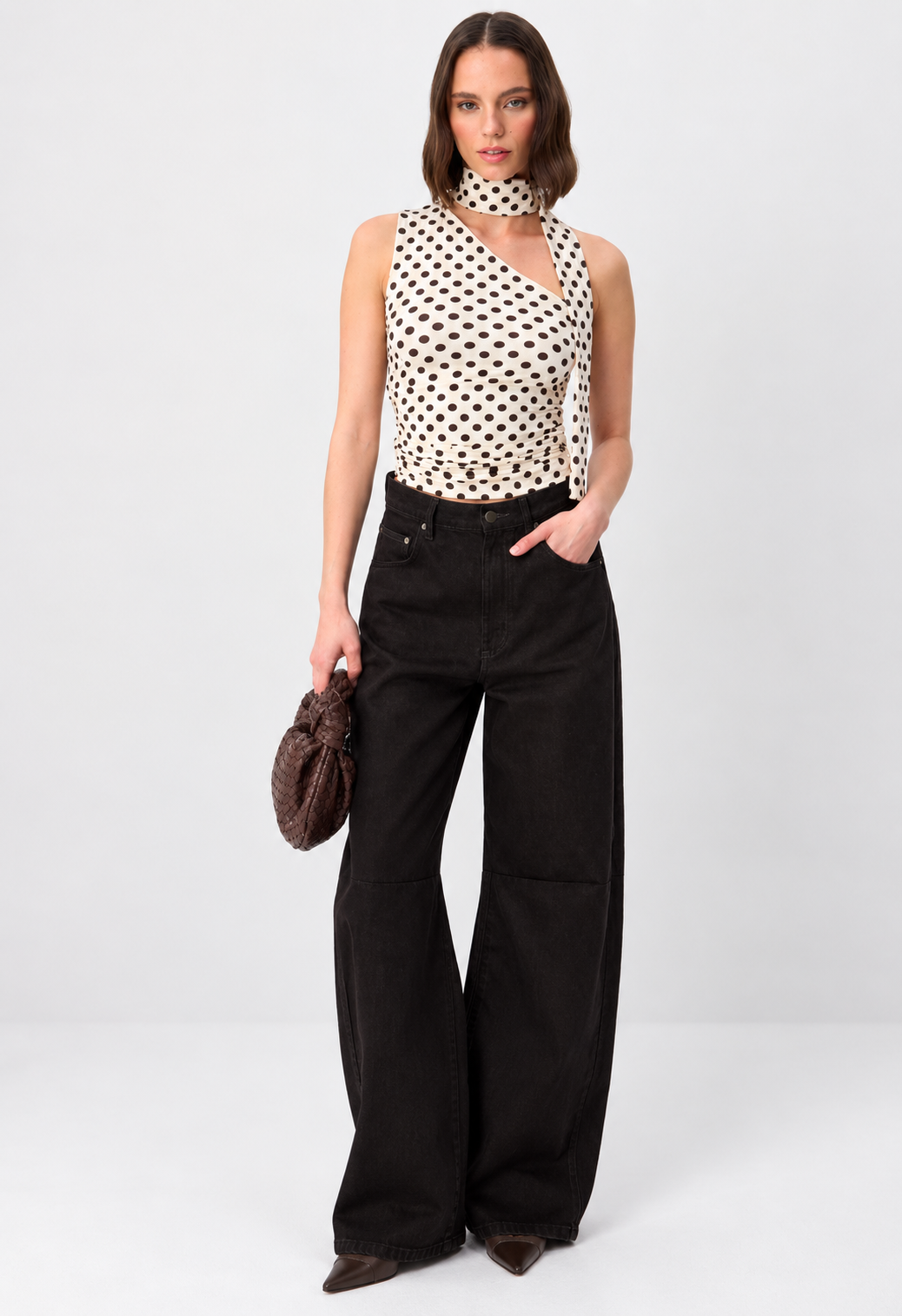 Monochrome Polka Dot Choker-Neck Cotton Top