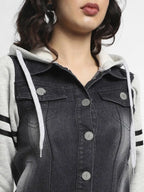 Women Hooded Colourblocked Lightweight Denim Jacket