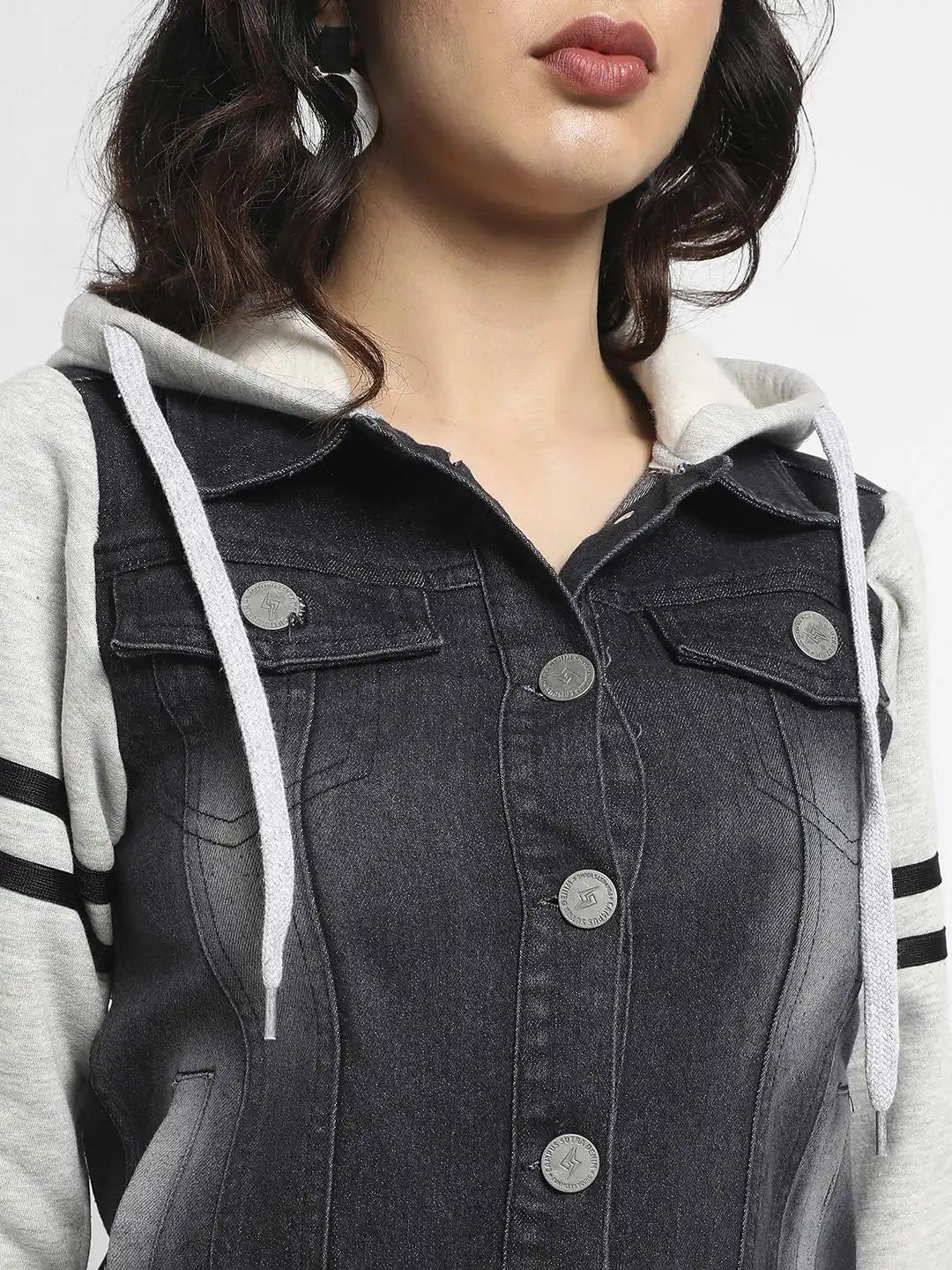 Women Hooded Colourblocked Lightweight Denim Jacket