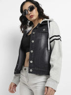 Women Hooded Colourblocked Lightweight Denim Jacket